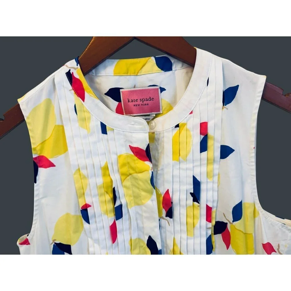 Kate Spade White Yellow Lemon Zest Pleated High Neck Summer Button Up Mini Dress